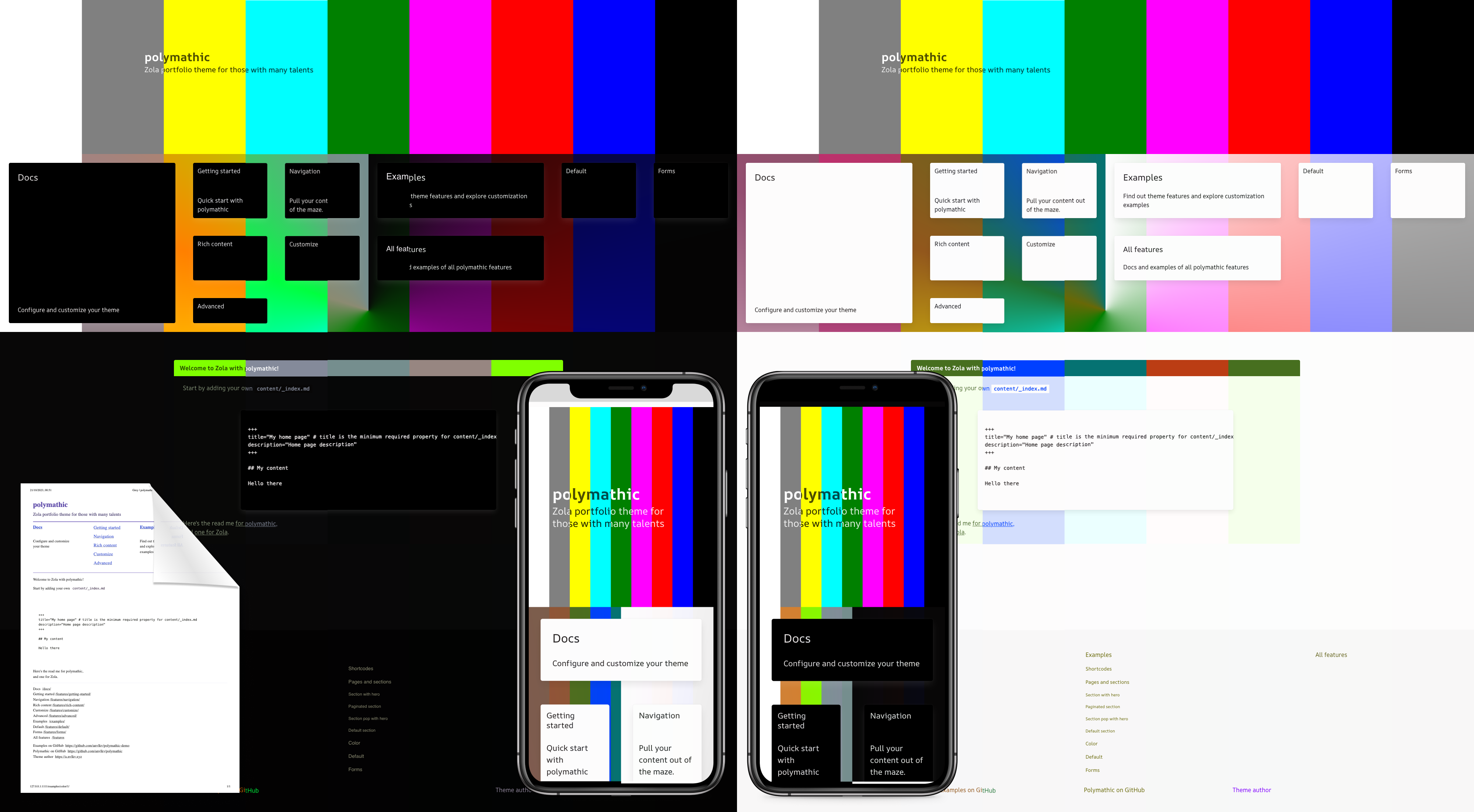 composition of screenshots of polymathic theme in multiple colors on desktop, mobile, and print